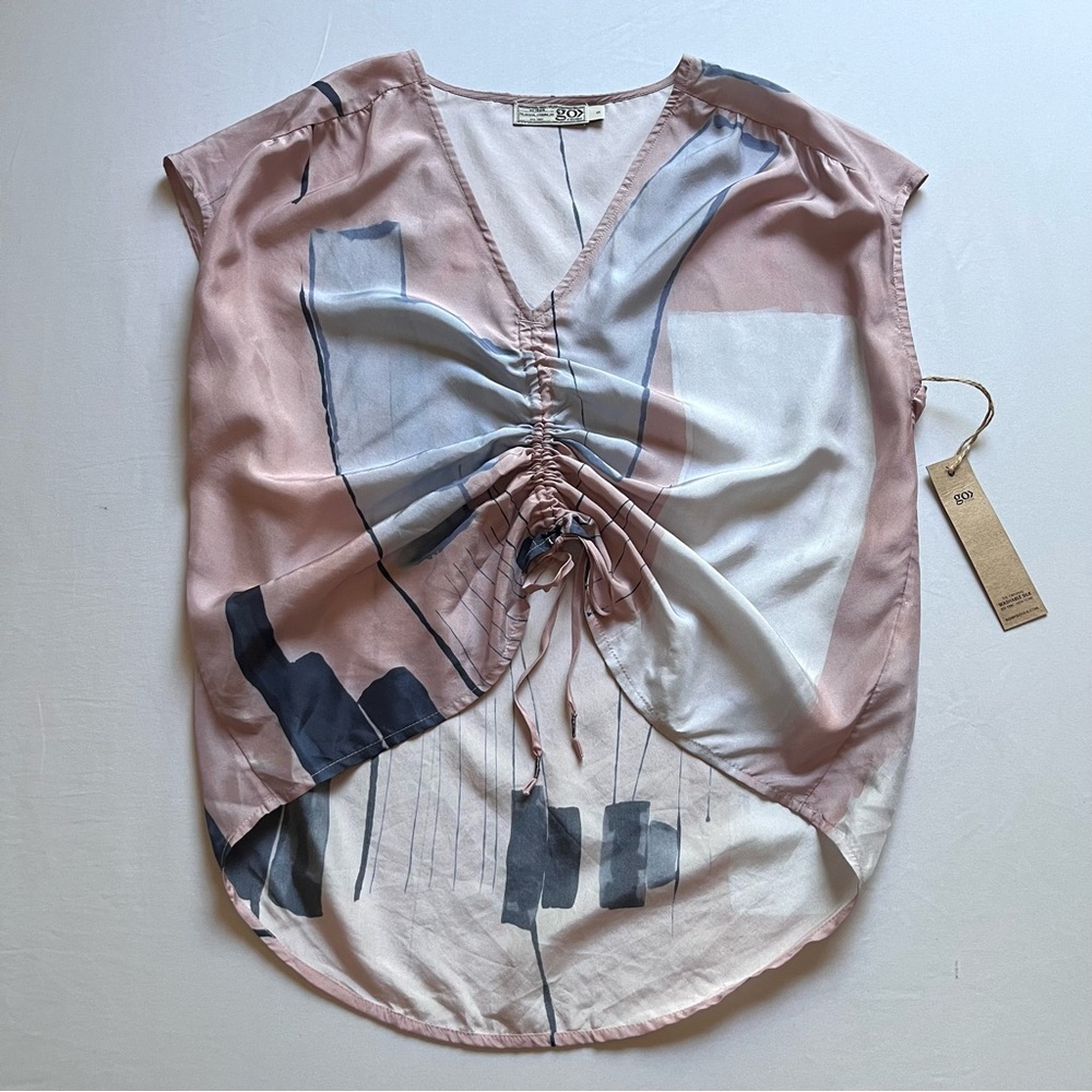 NWT GOSILK silk pink abstract print tie ruched front cropped sleeveless tank top